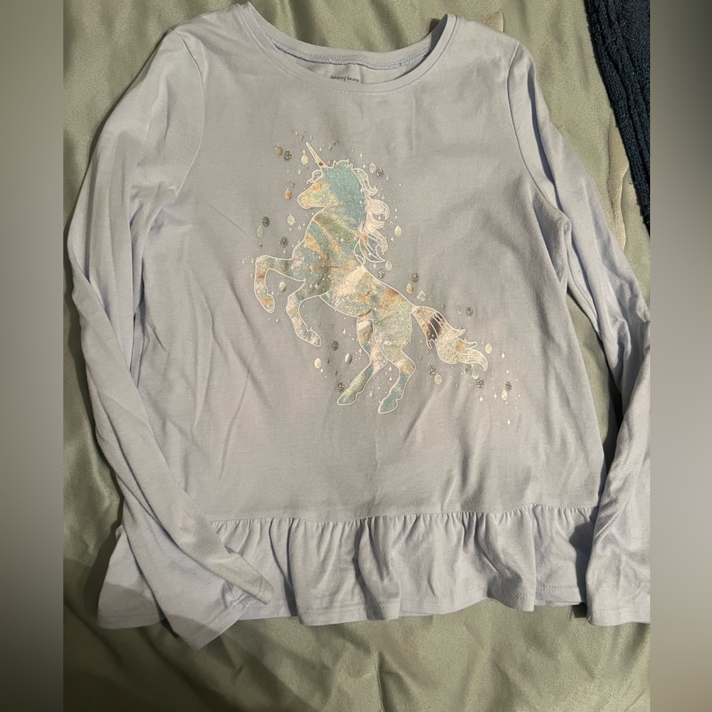 Iridescent unicorn light blue long sleeve top size 10 girls flare bottom